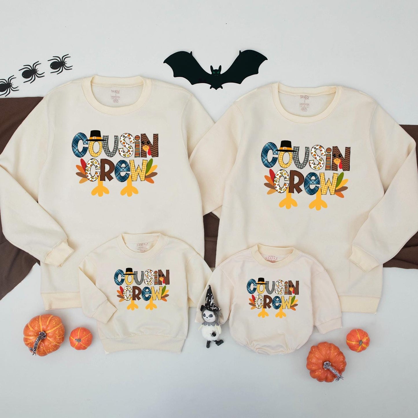 Cousin Crew Thanksgiving Shirt for Kids, Turkey Family Matching Outfit, Blue Plaid, Gingham, & Autumn Leaves Cartoon Design - Fall Thanksgiving Kids