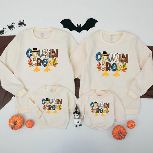 Cousin Crew Thanksgiving Shirt for Kids, Turkey Family Matching Outfit, Blue Plaid, Gingham, & Autumn Leaves Cartoon Design - Fall Thanksgiving Kids