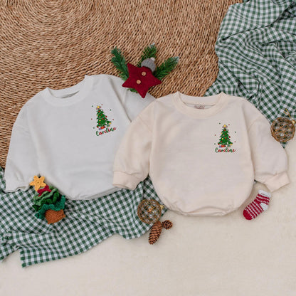 Personalized My 1st Christmas Romper, Custom Holiday Outfit, Festive Baby Sweater, Christmas Tree & Presents, Red, Green, Blue, Gold, Newborn Gift (138 chars)