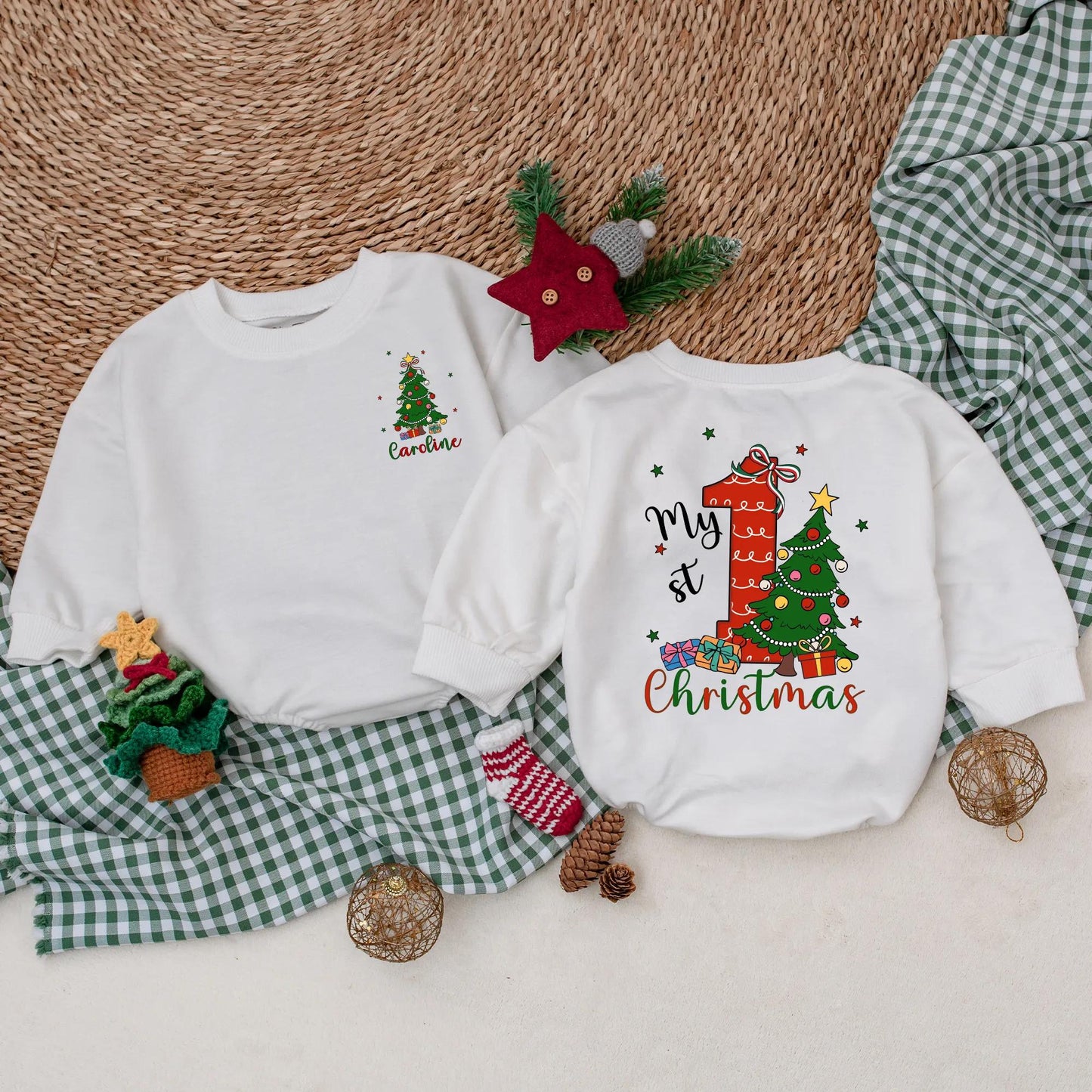 Personalized My 1st Christmas Romper, Custom Holiday Outfit, Festive Baby Sweater, Christmas Tree & Presents, Red, Green, Blue, Gold, Newborn Gift (138 chars)