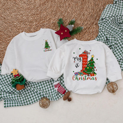 Personalized My 1st Christmas Romper, Custom Holiday Outfit, Festive Baby Sweater, Christmas Tree & Presents, Red, Green, Blue, Gold, Newborn Gift (138 chars)