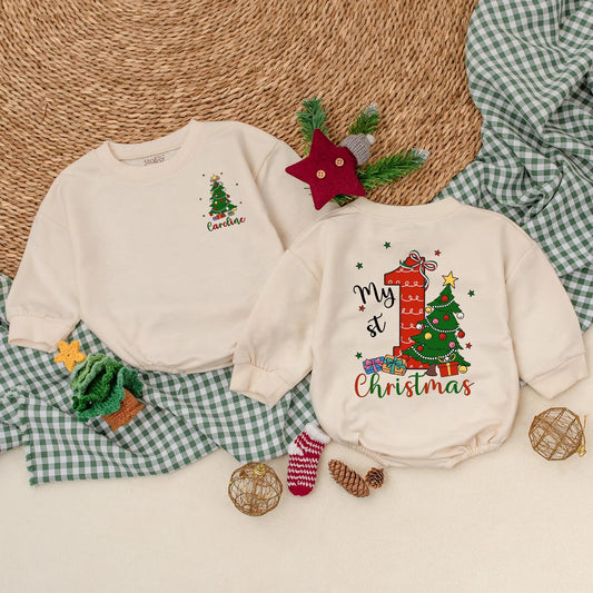 Personalized My 1st Christmas Romper, Custom Holiday Outfit, Festive Baby Sweater, Christmas Tree & Presents, Red, Green, Blue, Gold, Newborn Gift (138 chars)