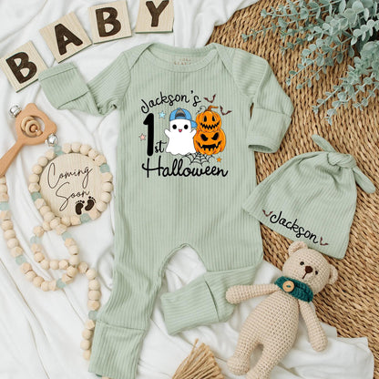 Jackson's 1st Halloween Baby Bodysuit with Ghost Pumpkin Design for Newborn Boys Cute Spooky Season Outfit Gift