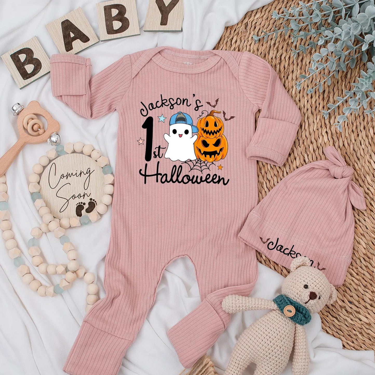 Jackson's 1st Halloween Baby Bodysuit with Ghost Pumpkin Design for Newborn Boys Cute Spooky Season Outfit Gift