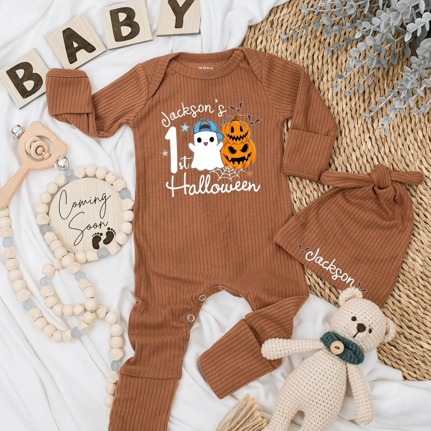 Jackson's 1st Halloween Baby Bodysuit with Ghost Pumpkin Design for Newborn Boys Cute Spooky Season Outfit Gift