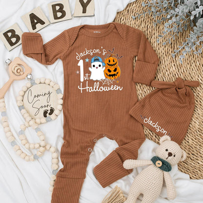 Jackson's 1st Halloween Baby Bodysuit with Ghost Pumpkin Design for Newborn Boys Cute Spooky Season Outfit Gift