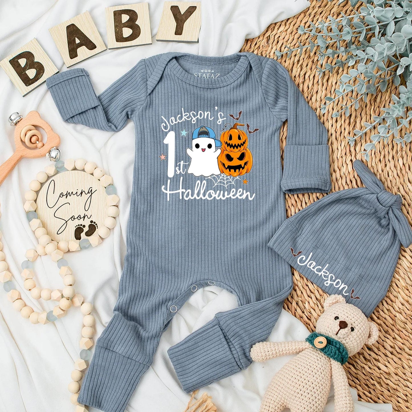 Jackson's 1st Halloween Baby Bodysuit with Ghost Pumpkin Design for Newborn Boys Cute Spooky Season Outfit Gift