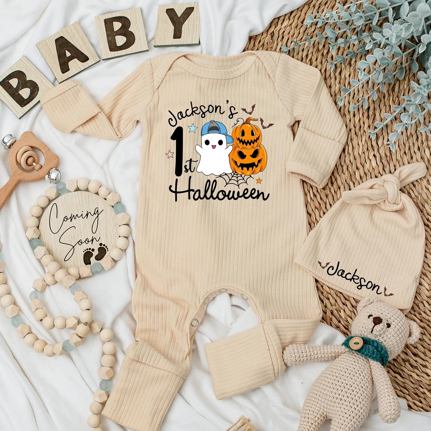 Jackson's 1st Halloween Baby Bodysuit with Ghost Pumpkin Design for Newborn Boys Cute Spooky Season Outfit Gift