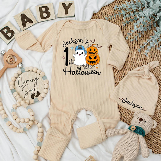 Jackson's 1st Halloween Baby Bodysuit with Ghost Pumpkin Design for Newborn Boys Cute Spooky Season Outfit Gift