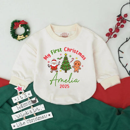 Personalized My First Christmas Bubble Romper Custom Name Year Baby Bodysuit Newborn Outfit Festive Holiday Infant Clothing with Santa, Gingerbread & Stars