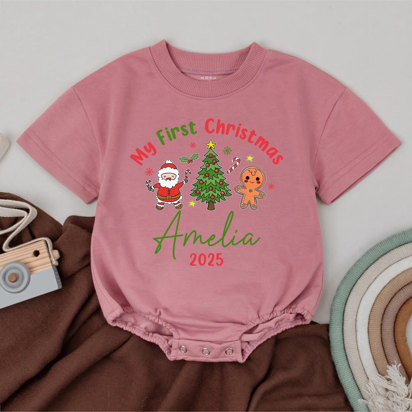 Personalized My First Christmas Bubble Romper Custom Name Year Baby Bodysuit Newborn Outfit Festive Holiday Infant Clothing with Santa, Gingerbread & Stars
