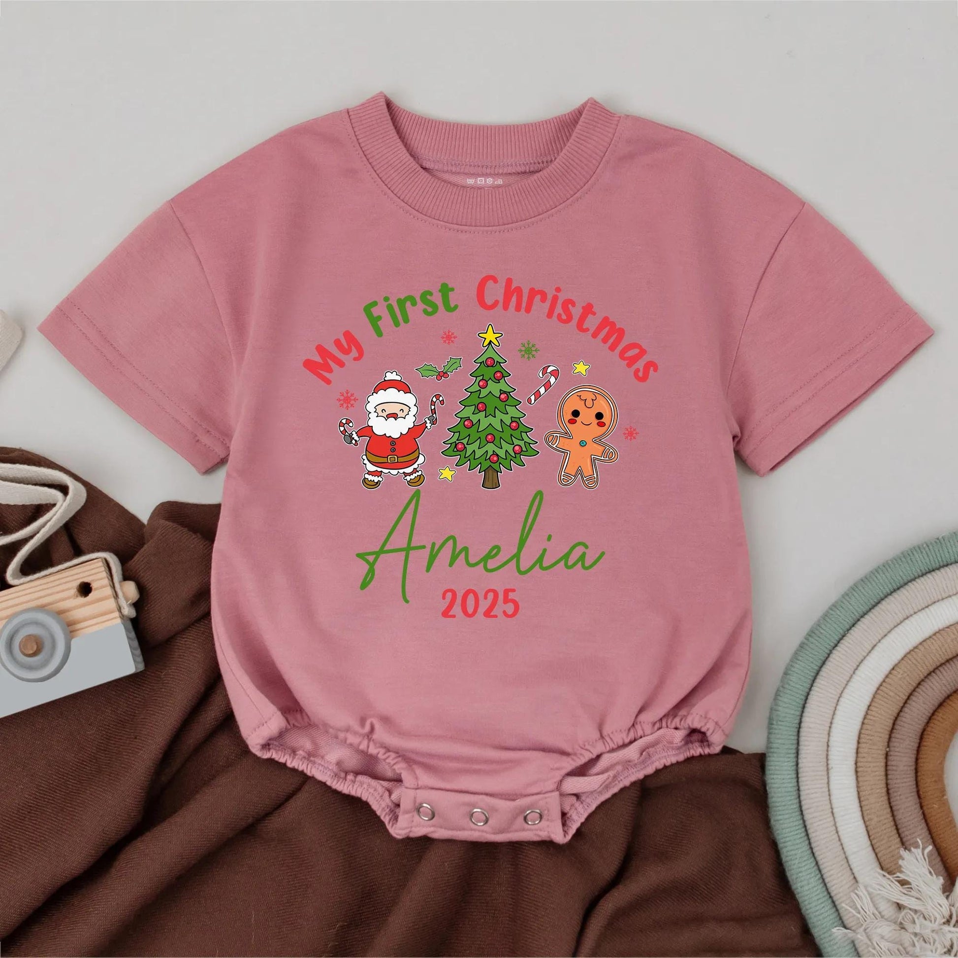 Personalized My First Christmas Bubble Romper Custom Name Year Baby Bodysuit Newborn Outfit Festive Holiday Infant Clothing with Santa, Gingerbread & Stars