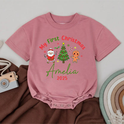 Personalized My First Christmas Bubble Romper Custom Name Year Baby Bodysuit Newborn Outfit Festive Holiday Infant Clothing with Santa, Gingerbread & Stars