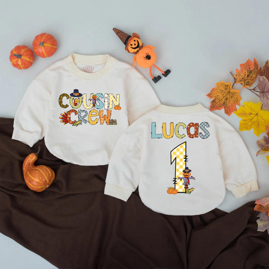 Personalized Cousin Crew Bubble Romper First Thanksgiving Baby Clothes Whimsical Fall Turkey Scarecrow Pumpkin Design Infant Turkey Day Gift