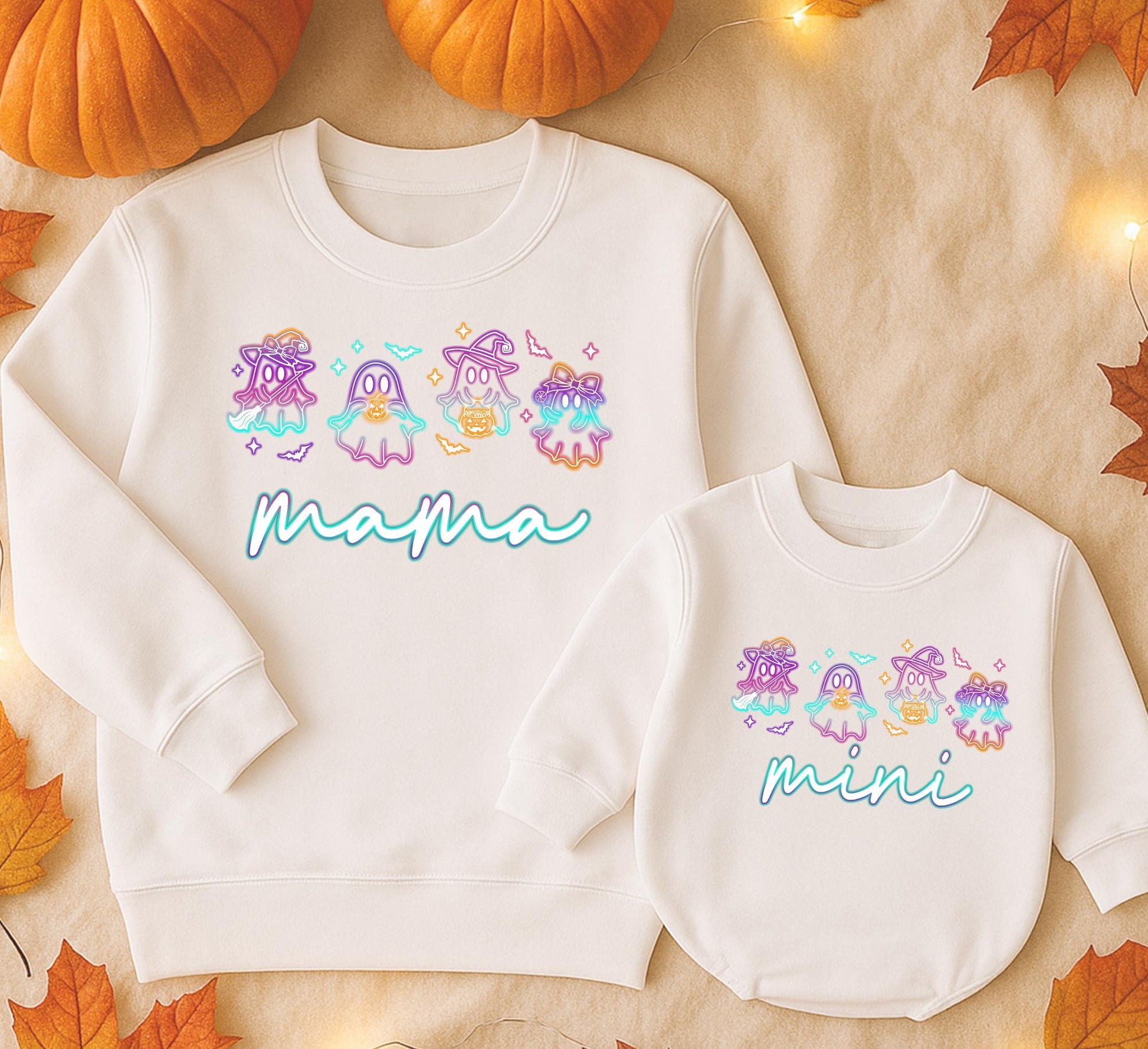 Halloween Neon Ghost Mama Mini Sweatshirt Cute Spooky Mama & Mini Outfit Playful Ghost Design Mama Mini Halloween Party