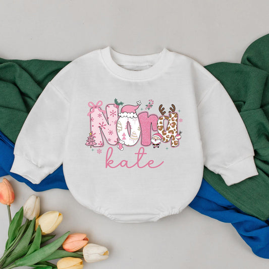 Nora Kate Pink Christmas Romper Cute Baby Girl Festive Design with Snowflakes Candy Canes First Christmas Gift Infant Outfit