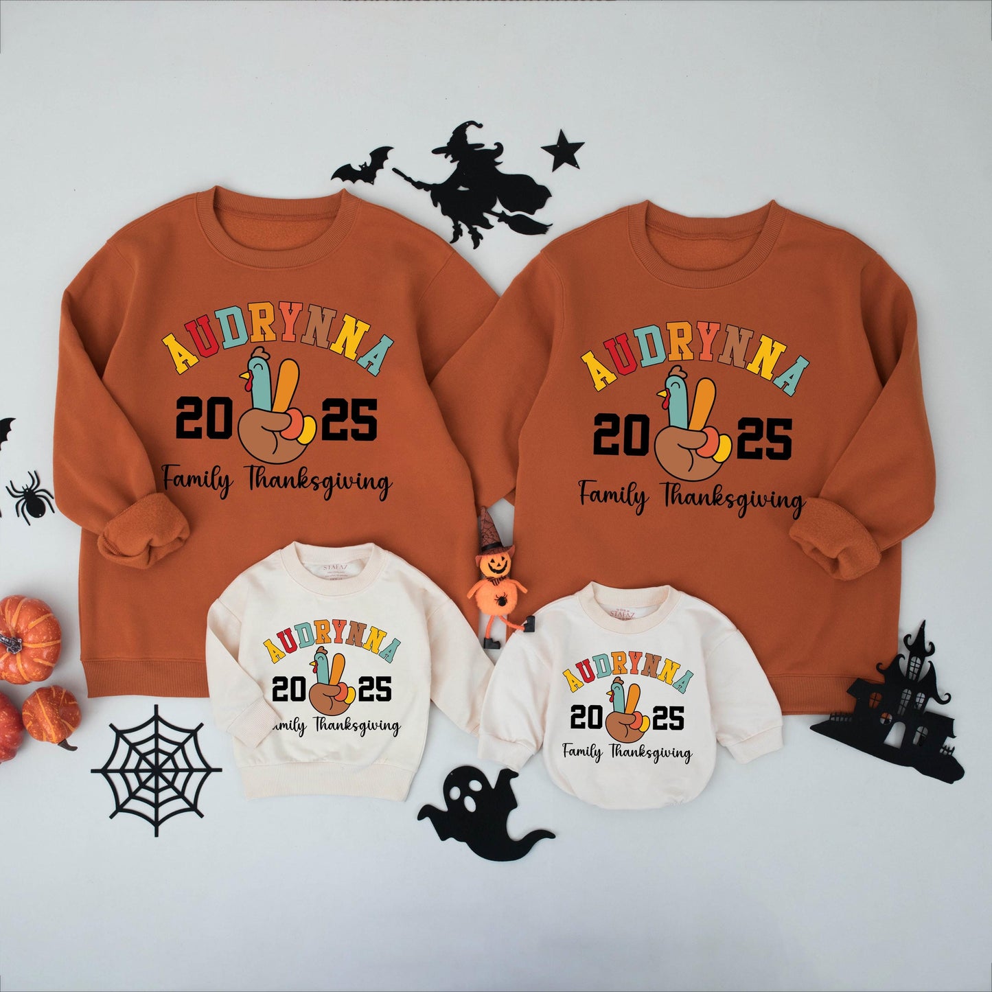 Personalized Thanksgiving Family Matching Shirts: Collegiate Name Peace Turkey 2024 Custom Last Name Tees for Dinner Group Cotton Comfort Colors Fall