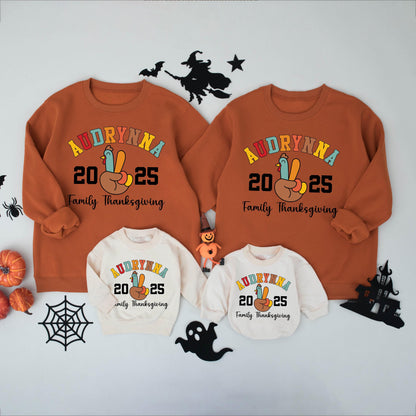 Personalized Thanksgiving Family Matching Shirts: Collegiate Name Peace Turkey 2024 Custom Last Name Tees for Dinner Group Cotton Comfort Colors Fall