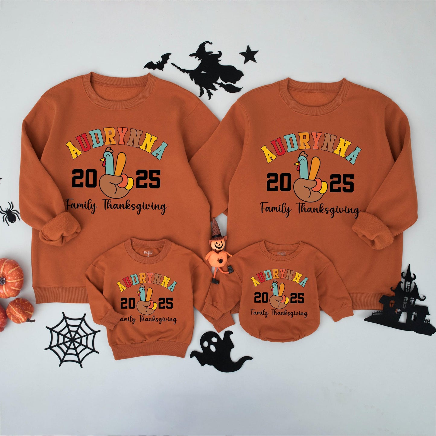 Personalized Thanksgiving Family Matching Shirts: Collegiate Name Peace Turkey 2024 Custom Last Name Tees for Dinner Group Cotton Comfort Colors Fall