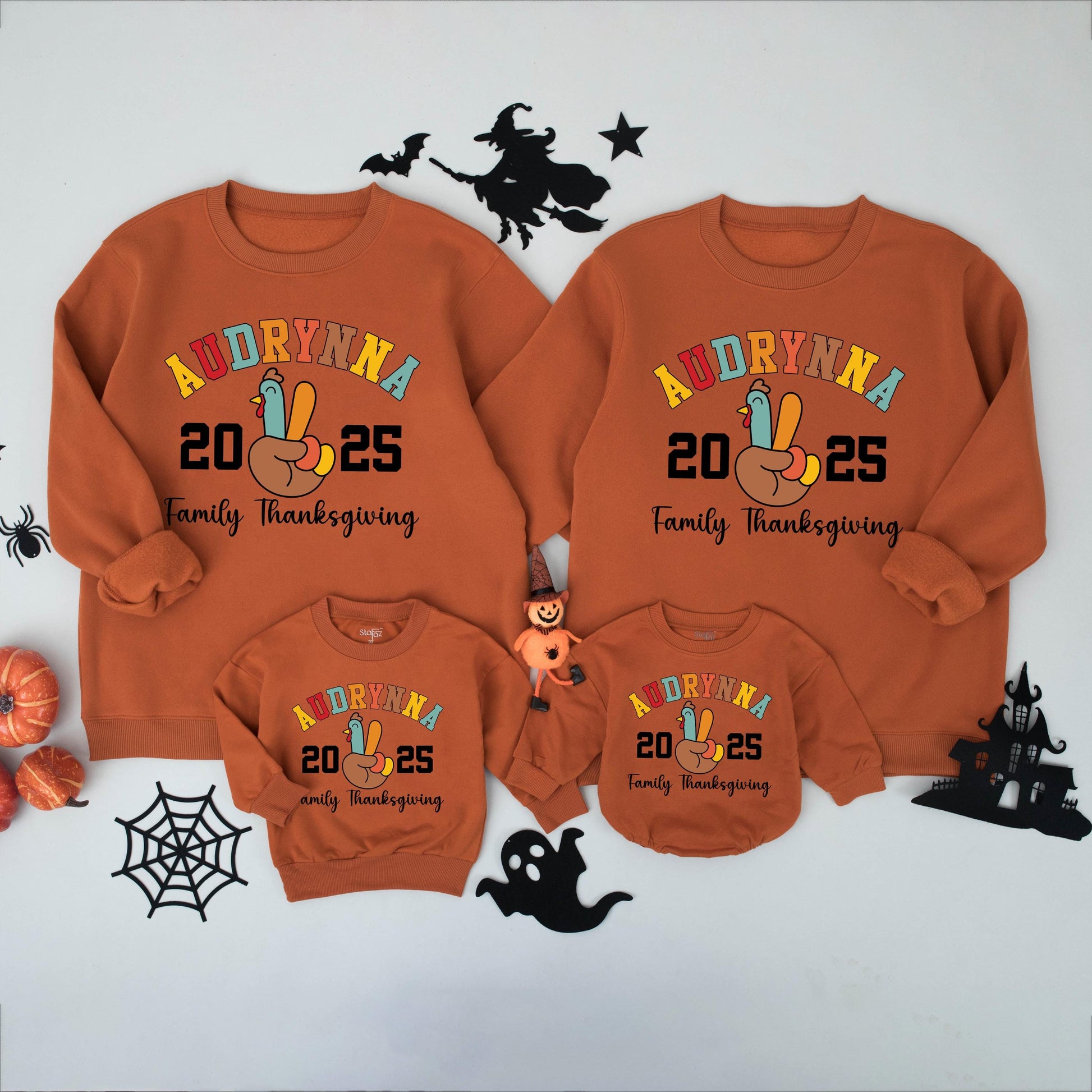 Personalized Thanksgiving Family Matching Shirts: Collegiate Name Peace Turkey 2024 Custom Last Name Tees for Dinner Group Cotton Comfort Colors Fall