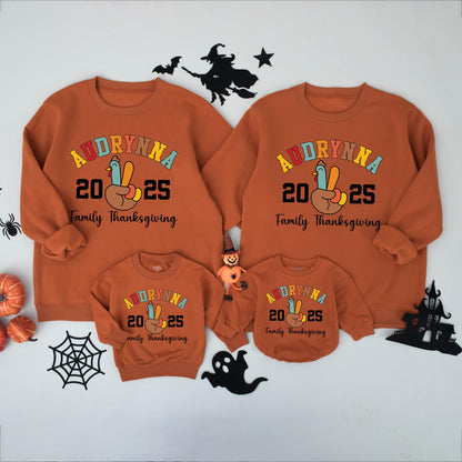 Personalized Thanksgiving Family Matching Shirts: Collegiate Name Peace Turkey 2024 Custom Last Name Tees for Dinner Group Cotton Comfort Colors Fall
