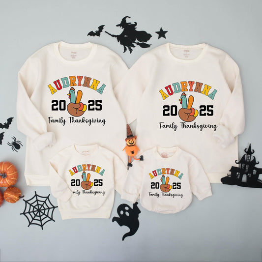 Personalized Thanksgiving Family Matching Shirts: Collegiate Name Peace Turkey 2024 Custom Last Name Tees for Dinner Group Cotton Comfort Colors Fall