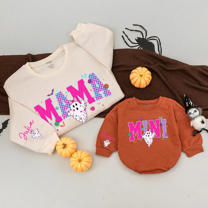 Matching Retro Halloween Mama Mini Sweatshirts, Spooky Ghost Outfit, Pink and Blue Checkerboard Design, Personalized Family Sweaters, Fun Fall Season