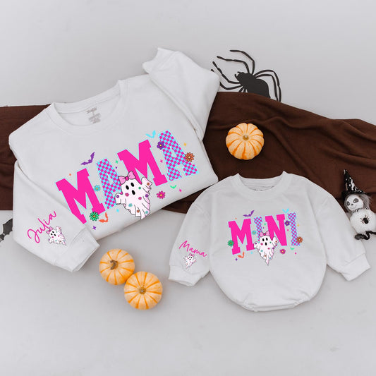 Matching Retro Halloween Mama Mini Sweatshirts, Spooky Ghost Outfit, Pink and Blue Checkerboard Design, Personalized Family Sweaters, Fun Fall Season