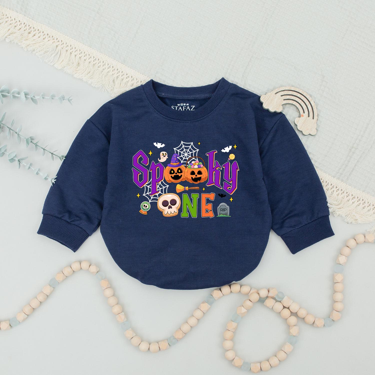 Spooky One Halloween First Birthday Matching Family Sweatshirt for Mom Dad Brother with festive ghosts pumpkins bats and bright colors