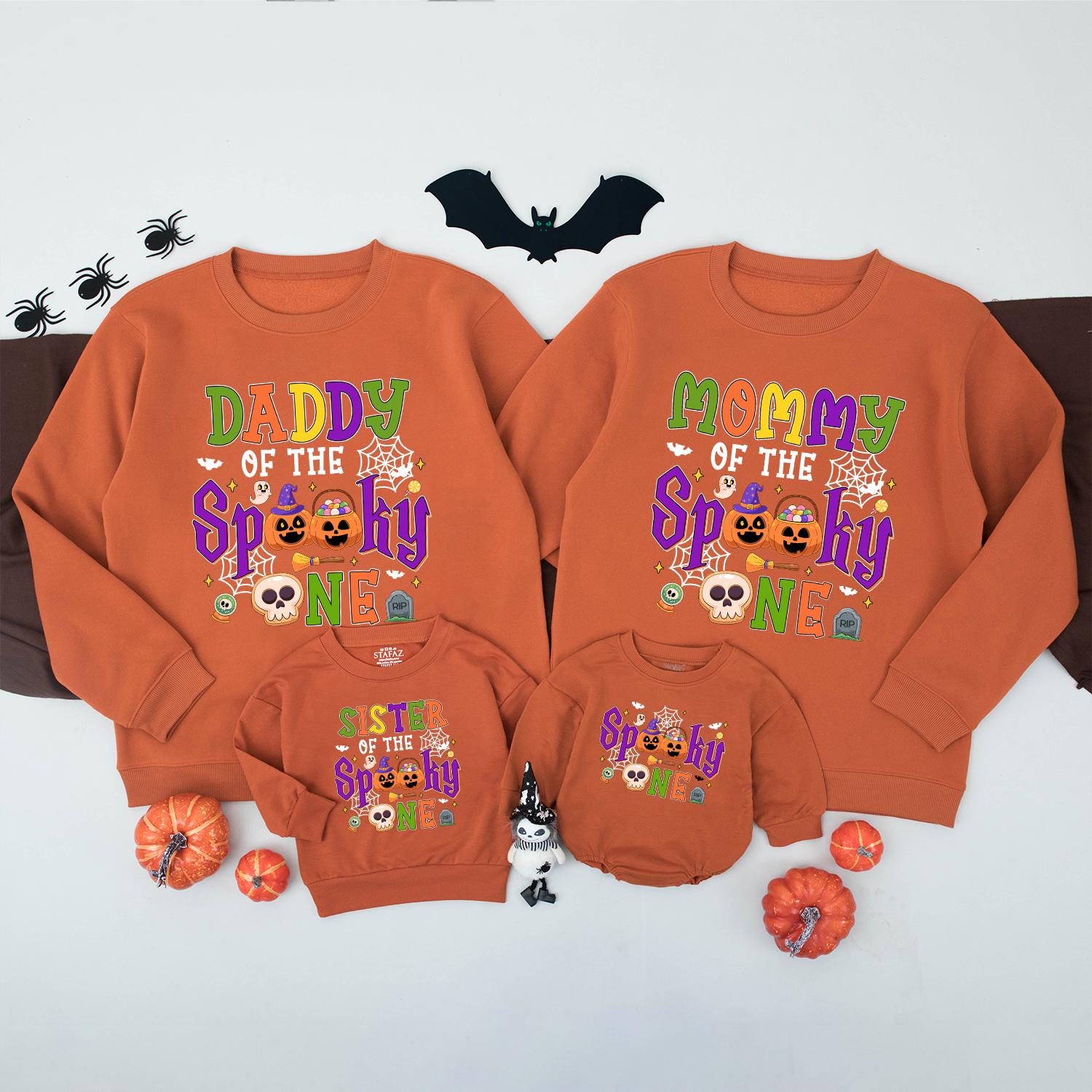 Spooky One Halloween First Birthday Matching Family Sweatshirt for Mom Dad Brother with festive ghosts pumpkins bats and bright colors