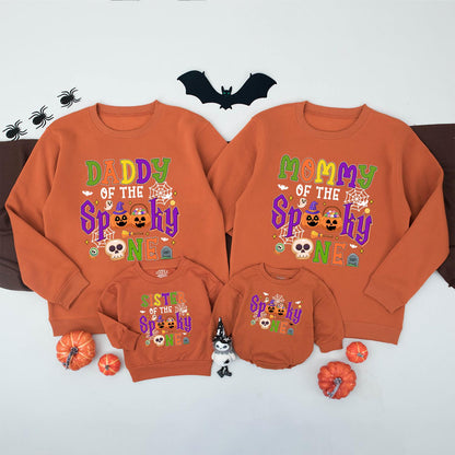 Spooky One Halloween First Birthday Matching Family Sweatshirt for Mom Dad Brother with festive ghosts pumpkins bats and bright colors