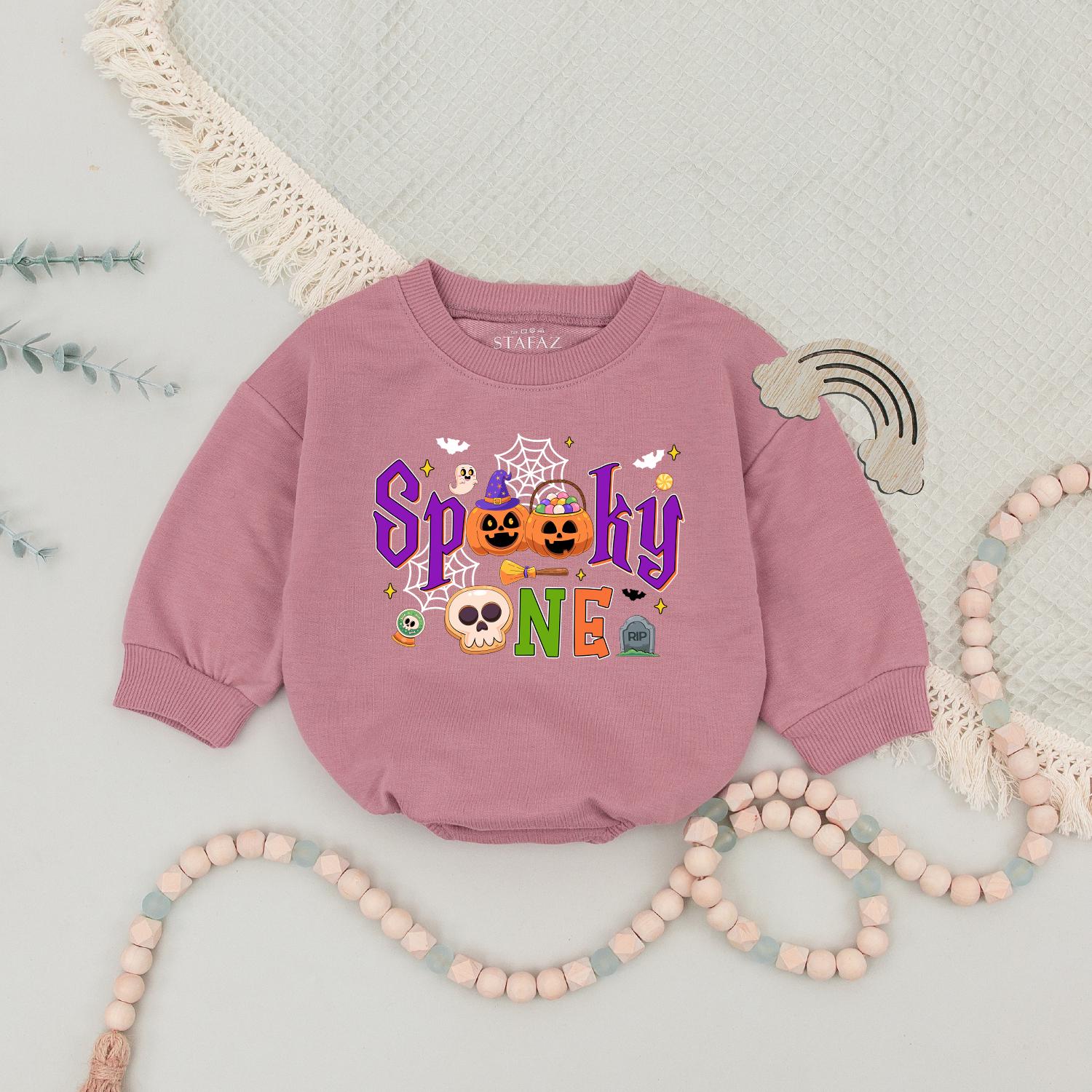 Spooky One Halloween First Birthday Matching Family Sweatshirt for Mom Dad Brother with festive ghosts pumpkins bats and bright colors