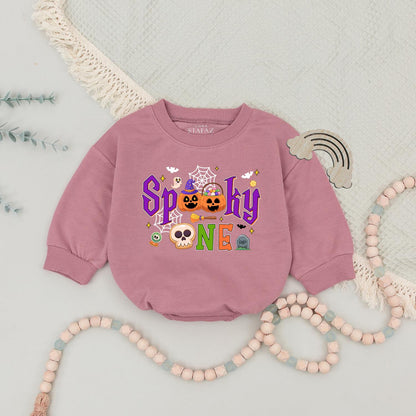 Spooky One Halloween First Birthday Matching Family Sweatshirt for Mom Dad Brother with festive ghosts pumpkins bats and bright colors