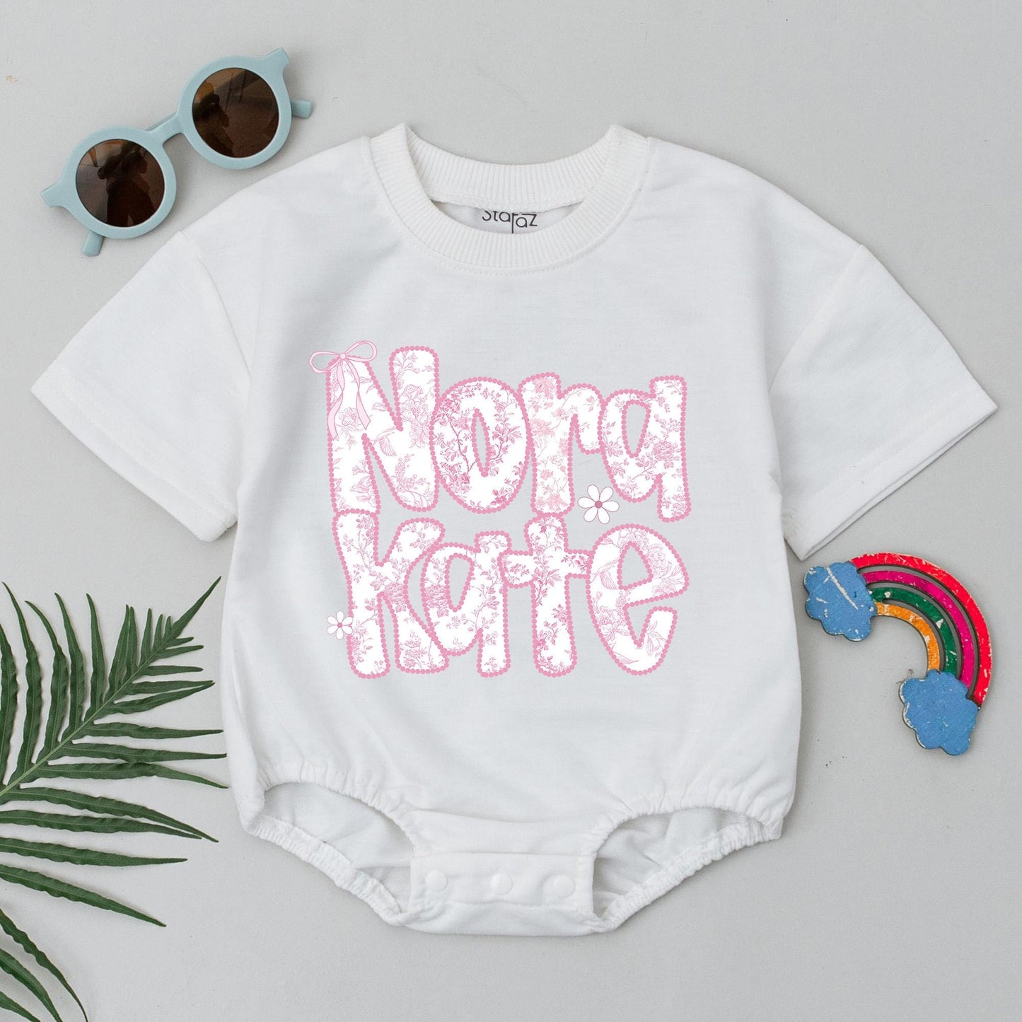 Personalized Nora Kate Baby Romper Pink Chinoiserie Bodysuit Cute Girl Outfit Bow Detail Birthday Clothes Custom Floral Baby Shower Gift Idea (139 Chars)