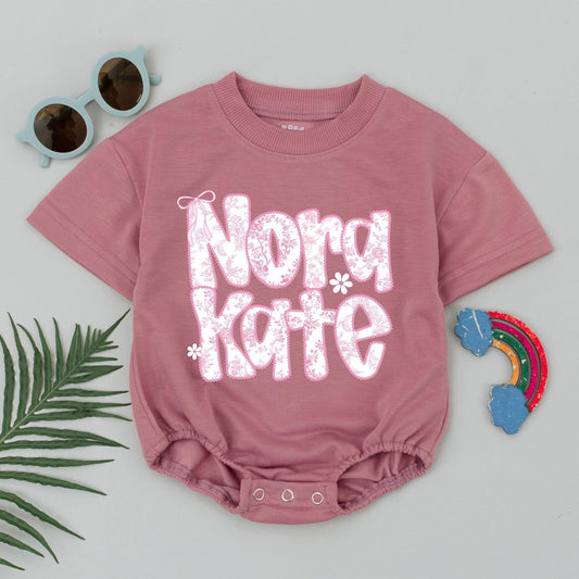 Personalized Nora Kate Baby Romper Pink Chinoiserie Bodysuit Cute Girl Outfit Bow Detail Birthday Clothes Custom Floral Baby Shower Gift Idea (139 Chars)