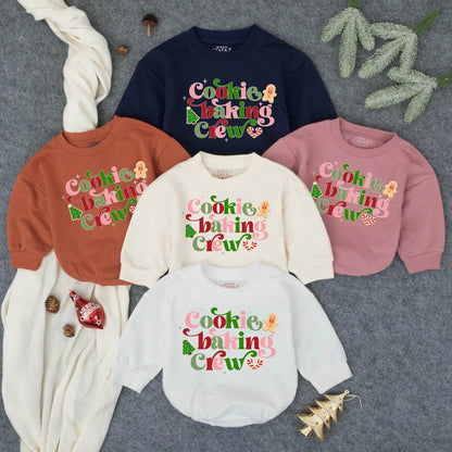 Cookie Baking Crew Baby Romper Sweater Christmas Gingerbread Infant Outfit Whimsical Pink Red Green Holiday Tree Design First Christmas Baby