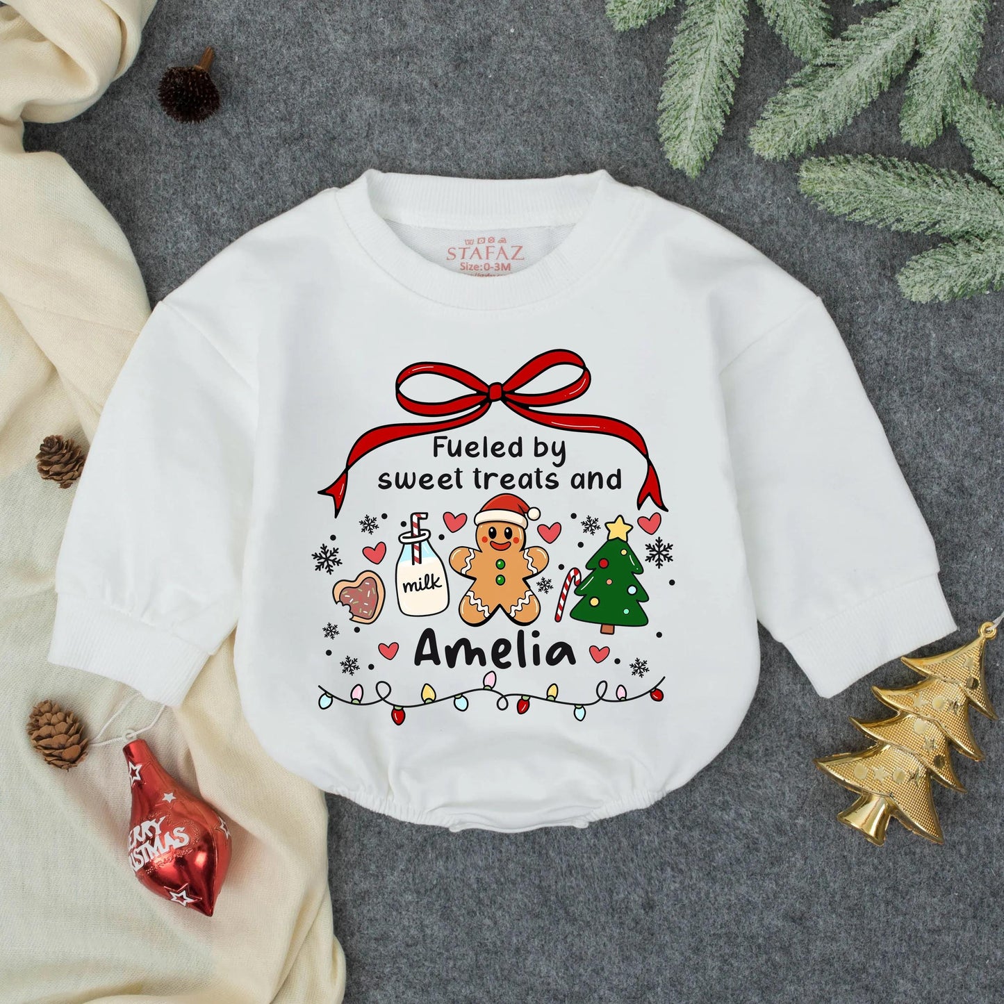 Custom Amelia Christmas Romper: Fueled by Sweet Treats! Personalized Holiday Baby Outfit with Gingerbread Man & Christmas Tree, Festive Infant Clothes 138 chr