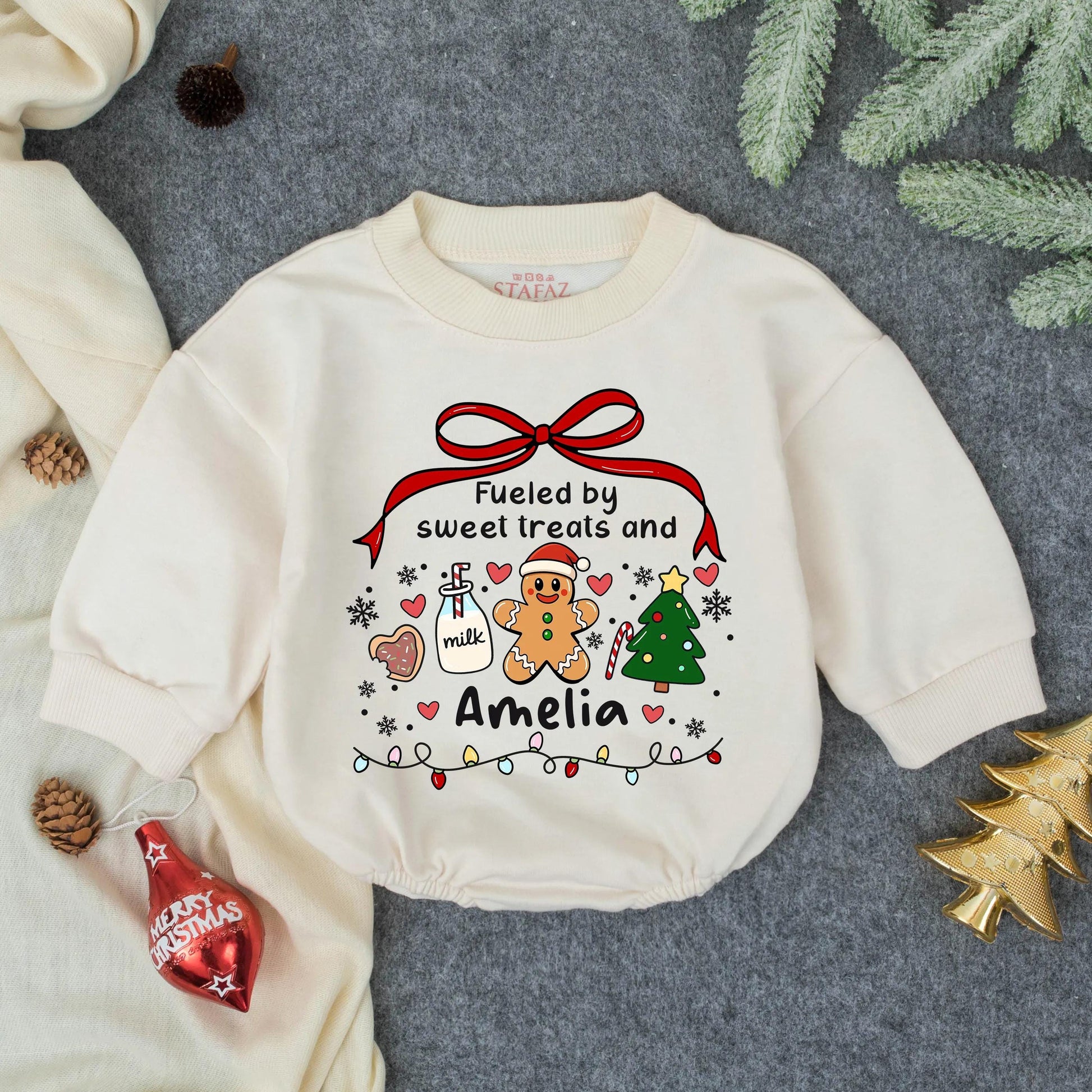 Custom Amelia Christmas Romper: Fueled by Sweet Treats! Personalized Holiday Baby Outfit with Gingerbread Man & Christmas Tree, Festive Infant Clothes 138 chr