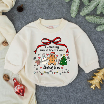 Custom Amelia Christmas Romper: Fueled by Sweet Treats! Personalized Holiday Baby Outfit with Gingerbread Man & Christmas Tree, Festive Infant Clothes 138 chr