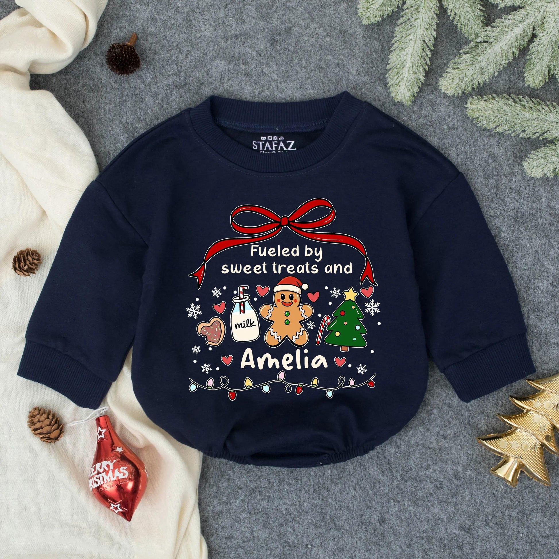 Custom Amelia Christmas Romper: Fueled by Sweet Treats! Personalized Holiday Baby Outfit with Gingerbread Man & Christmas Tree, Festive Infant Clothes 138 chr