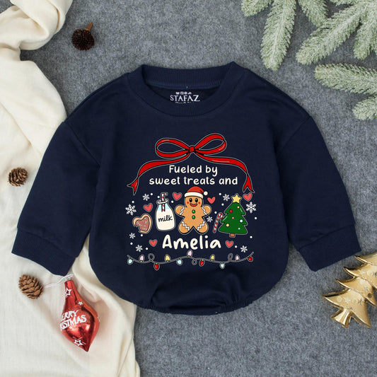 Custom Amelia Christmas Romper: Fueled by Sweet Treats! Personalized Holiday Baby Outfit with Gingerbread Man & Christmas Tree, Festive Infant Clothes 138 chr