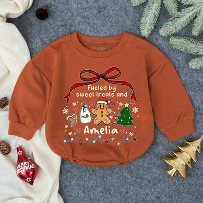 Custom Amelia Christmas Romper: Fueled by Sweet Treats! Personalized Holiday Baby Outfit with Gingerbread Man & Christmas Tree, Festive Infant Clothes 138 chr