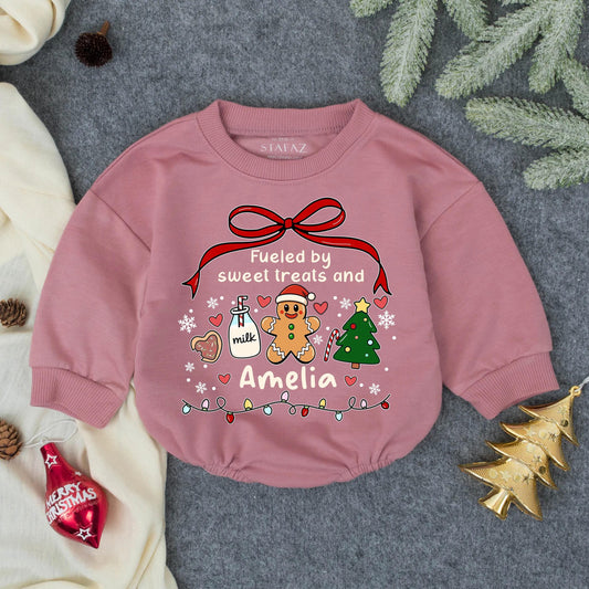 Custom Amelia Christmas Romper: Fueled by Sweet Treats! Personalized Holiday Baby Outfit with Gingerbread Man & Christmas Tree, Festive Infant Clothes 138 chr