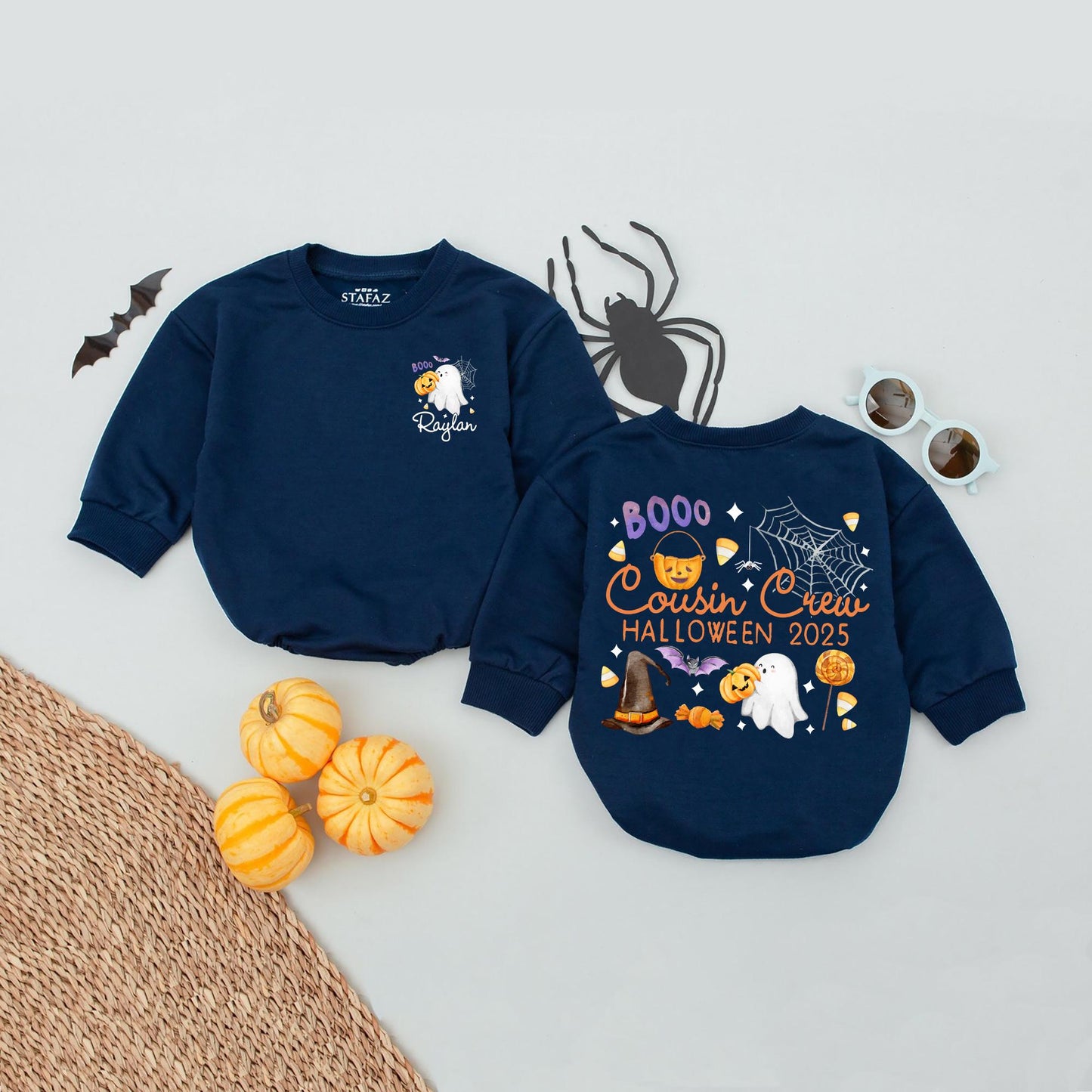 Custom Raylan Cousin Crew Halloween Baby Romper & Kids Matching T-Shirts Spooky Cute Ghost Bats Pumpkin Candy Corn 2025 Family Group Fun