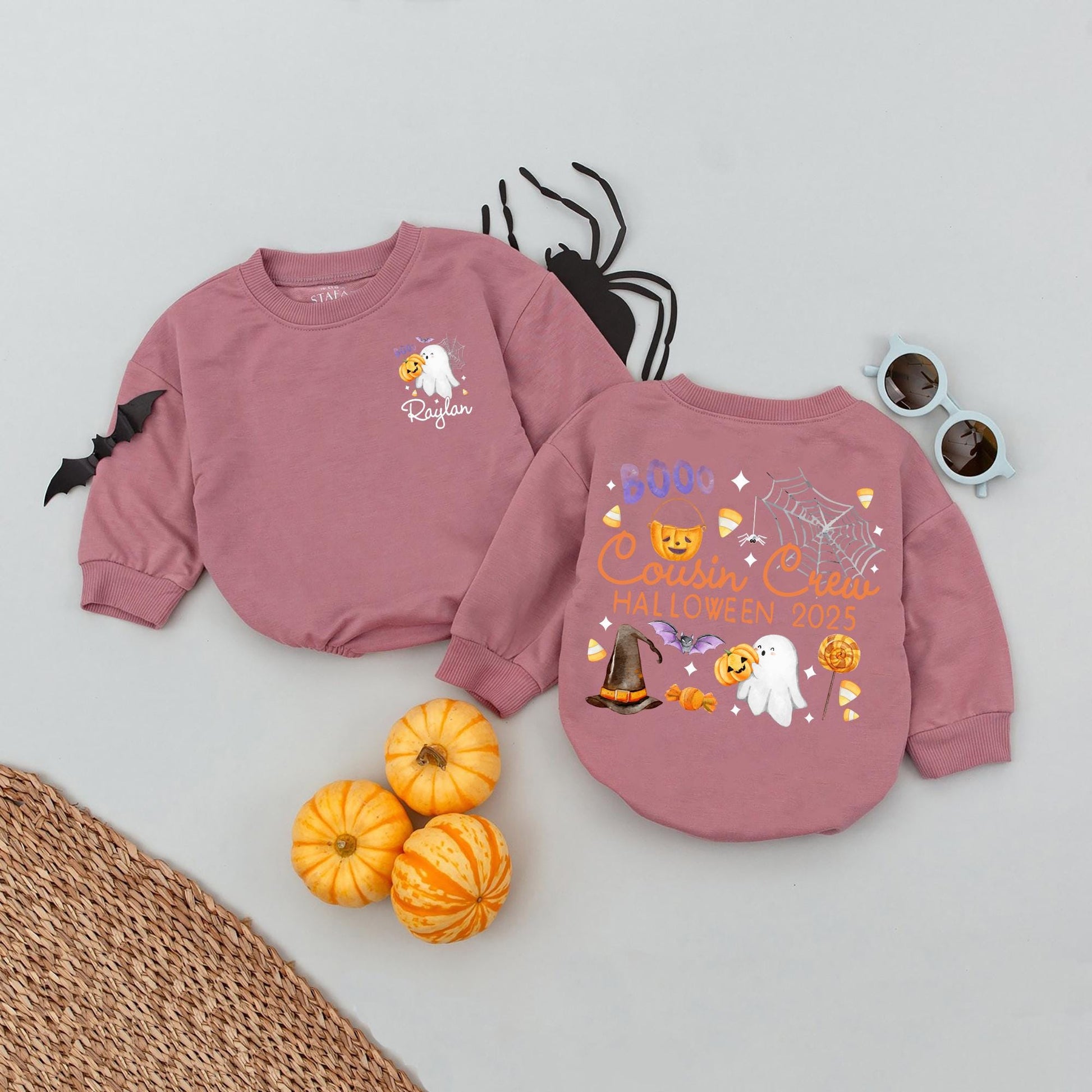 Custom Raylan Cousin Crew Halloween Baby Romper & Kids Matching T-Shirts Spooky Cute Ghost Bats Pumpkin Candy Corn 2025 Family Group Fun