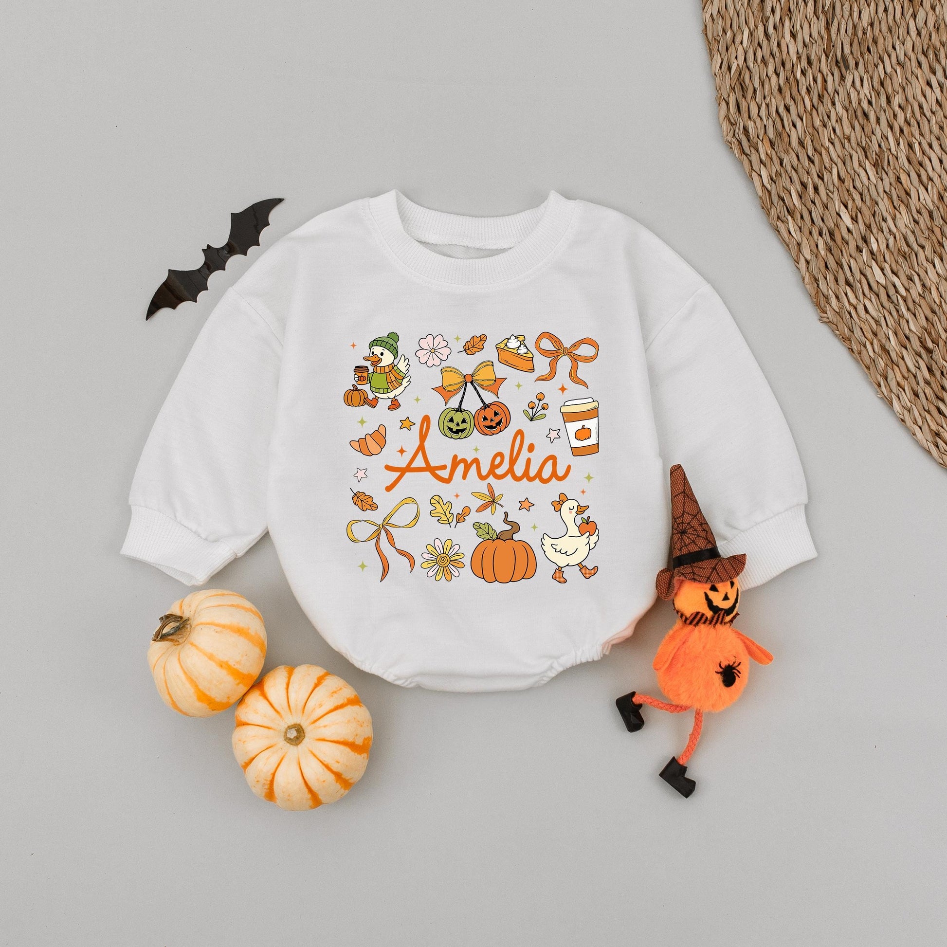 Cute Amelia Fall Romper with Pumpkin & Pie Design Personalized Name Baby Girl Autumn Gift Retro Groovy Vintage Style Infant Clothes