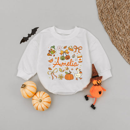 Cute Amelia Fall Romper with Pumpkin & Pie Design Personalized Name Baby Girl Autumn Gift Retro Groovy Vintage Style Infant Clothes