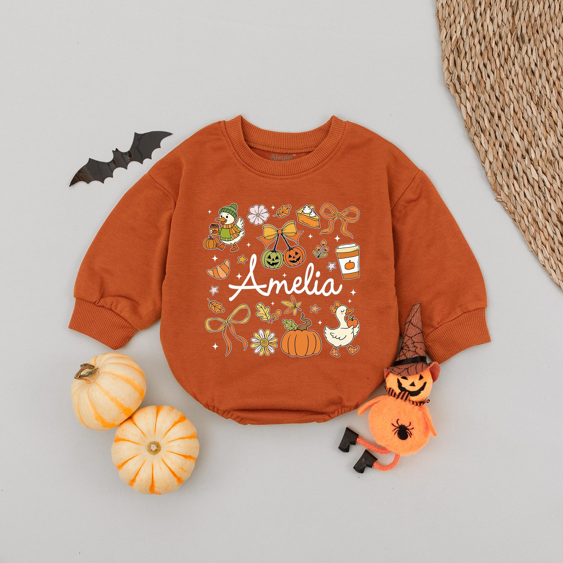 Cute Amelia Fall Romper with Pumpkin & Pie Design Personalized Name Baby Girl Autumn Gift Retro Groovy Vintage Style Infant Clothes