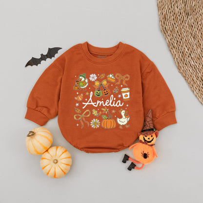 Cute Amelia Fall Romper with Pumpkin & Pie Design Personalized Name Baby Girl Autumn Gift Retro Groovy Vintage Style Infant Clothes