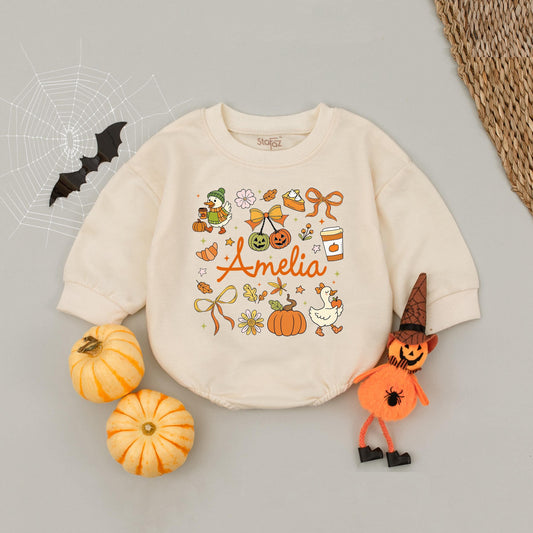 Cute Amelia Fall Romper with Pumpkin & Pie Design Personalized Name Baby Girl Autumn Gift Retro Groovy Vintage Style Infant Clothes
